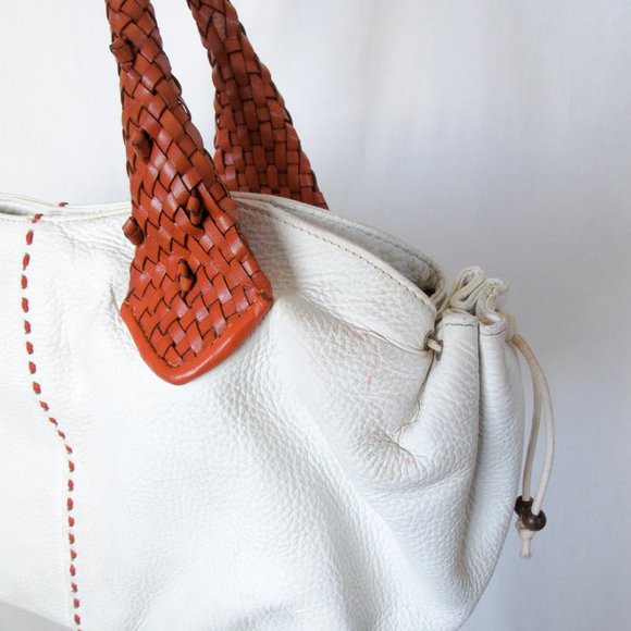 PAOLO MASI Italian Two-Tone Leather Braided Handle Pebbled White Leather/ Large - Picture 9 of 14